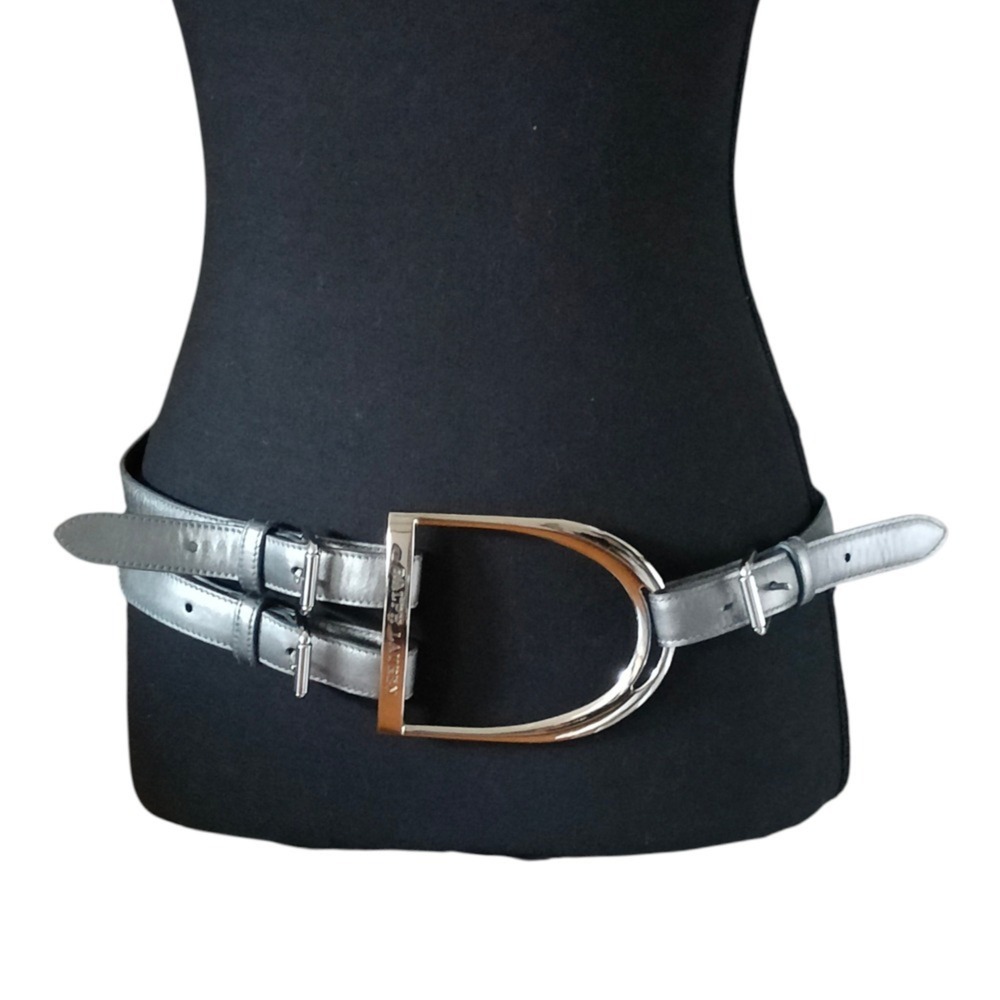 RALPH LAUREN RL67 Stirrup Double Pin Buckle Leather Belt, Silver Color, Women's